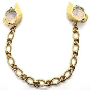 Vintage Crown Trifari Moonstone & Rhinestone Gold Plated Sweater Clip Cloak Cape